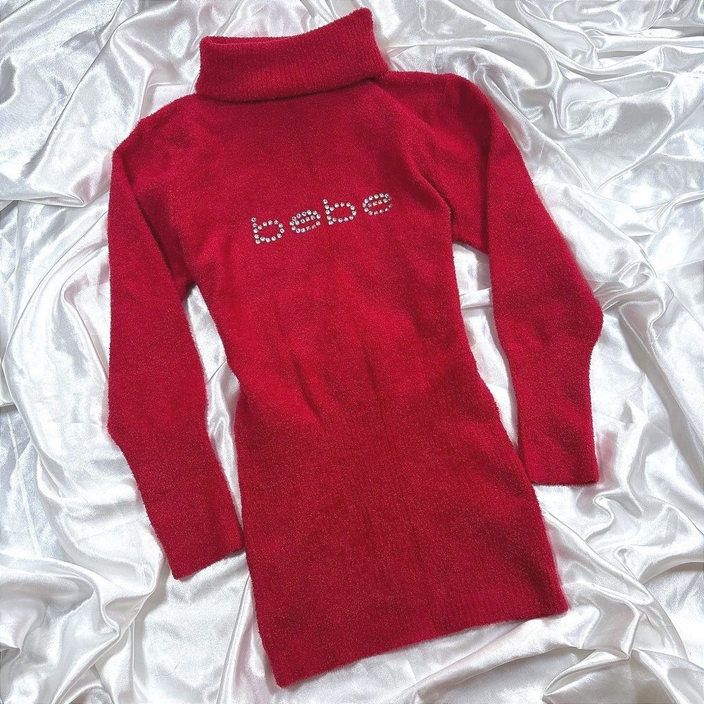 y2k Bebe Sweater Dress Red Rhinestone Logo Fuzzy Turtleneck Mini Small